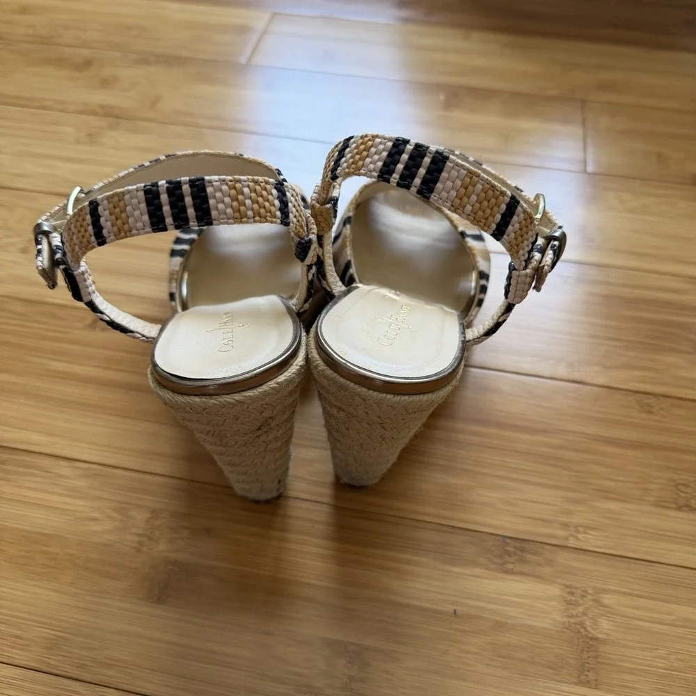 Cole Haan Hart Wedge Sandals Womens 9.5B Striped‎ Espadrille Ankle Strap Gold
